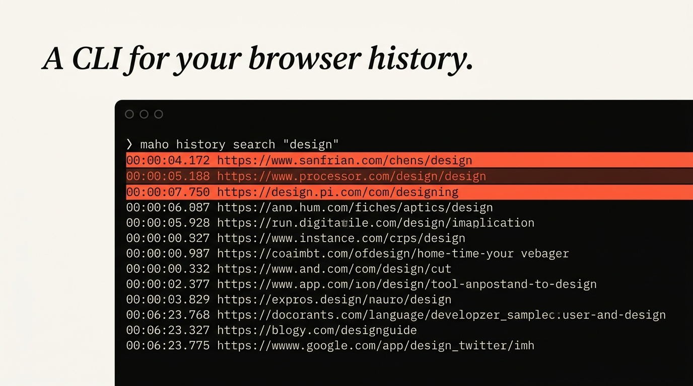 A terminal showing maho history search piped into fzf