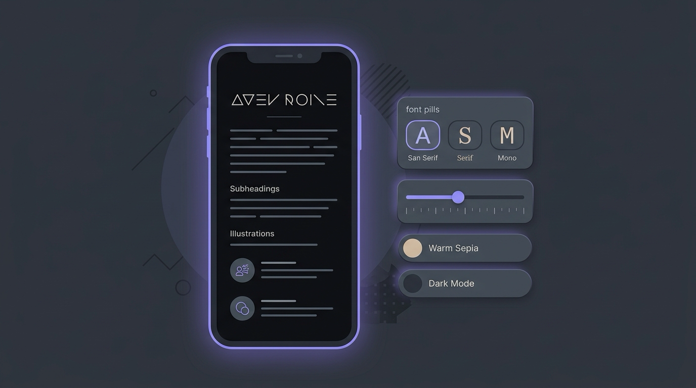 Reader mode interface showing typography options, font selection, and sepia palette