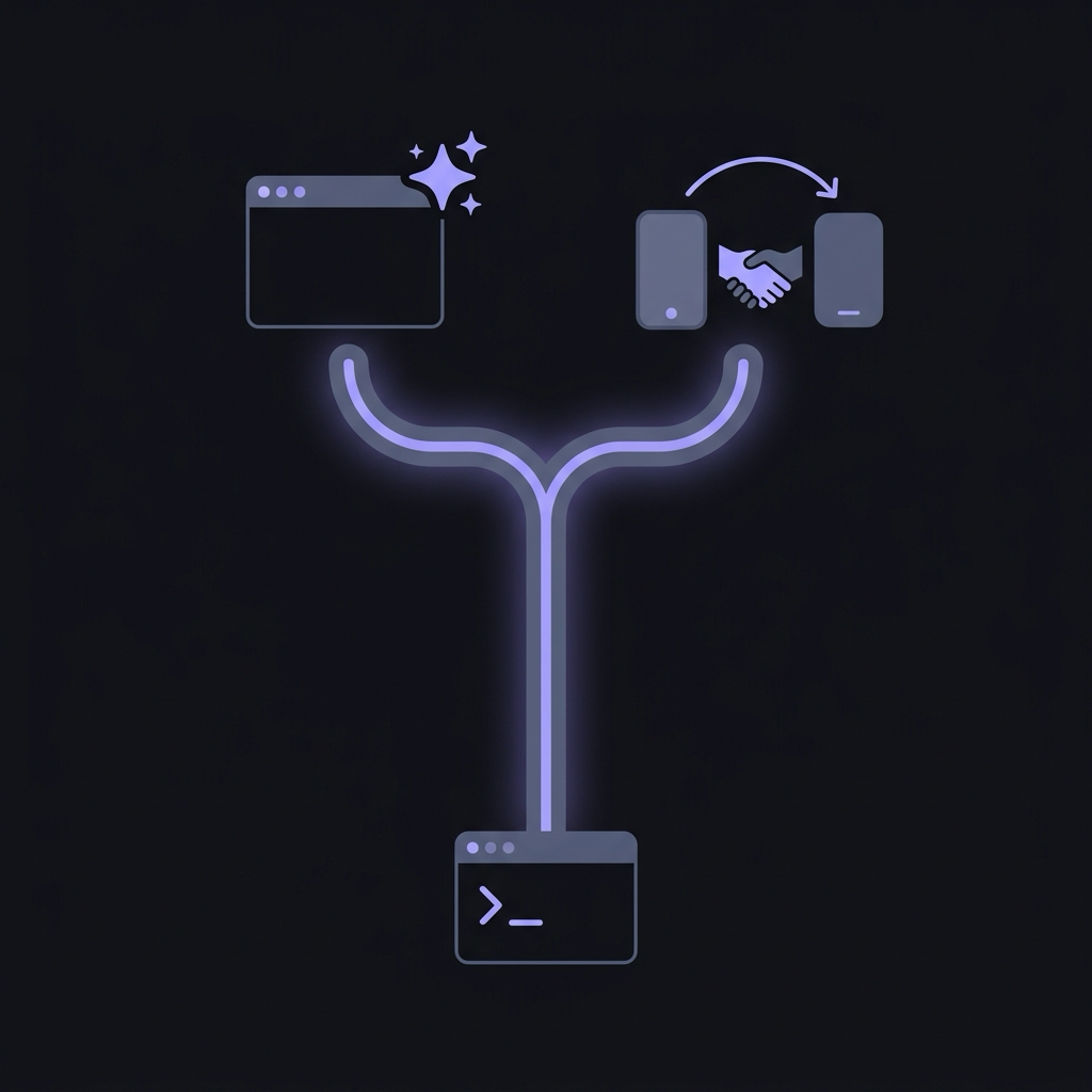 Two calm paths from a terminal window: one to an AI-guided browser, one to an external MCP client handshake